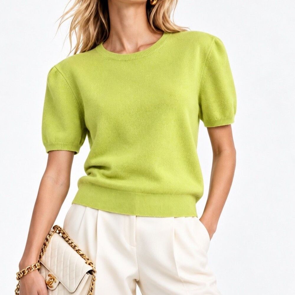 Folio Saks Fifth Avenue Cashmere Sweater Sz XL Green Short Sleeve Shoulder Pads